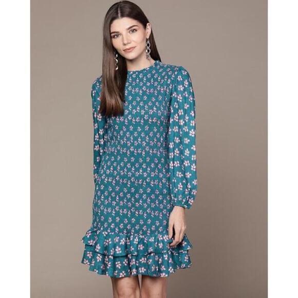 NWT LABEL RITU KUMAR Floral Print Sheath Smocked Dress with Bishop Sleeves Large - Picture 2 of 14